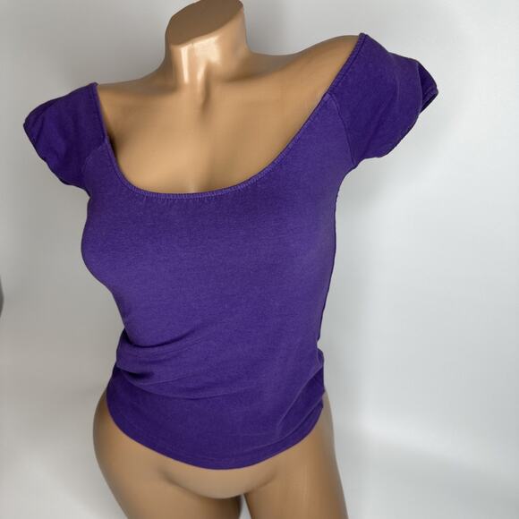 Clockhouse Y2K Off Shoulder Baby Tee Cap Sleeve Top Purple McBling XS Small - Picture 1 of 10